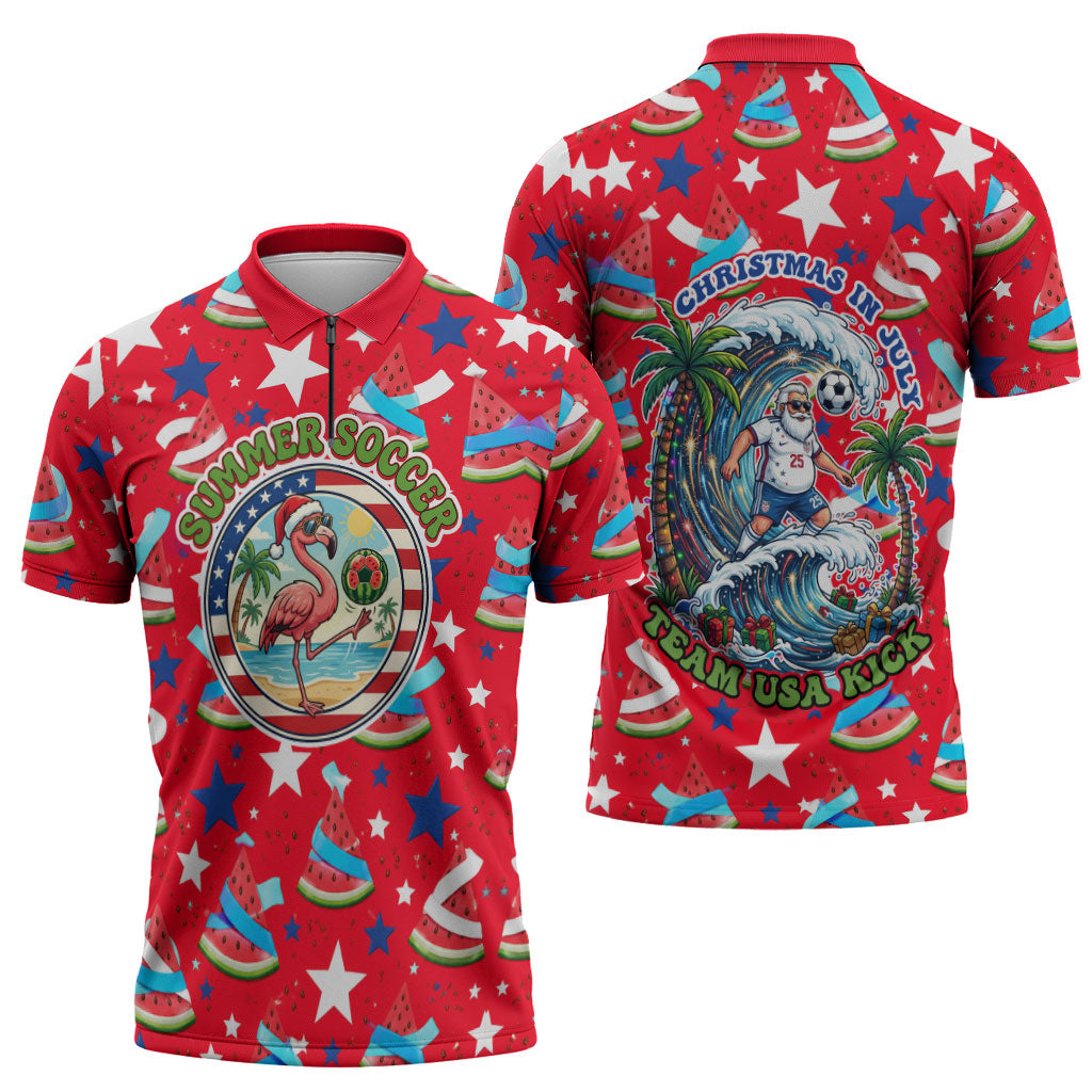 Christmas In July USA Soccer Zipper Polo Shirt Surfing Santa Flamingo Summer Watermelon