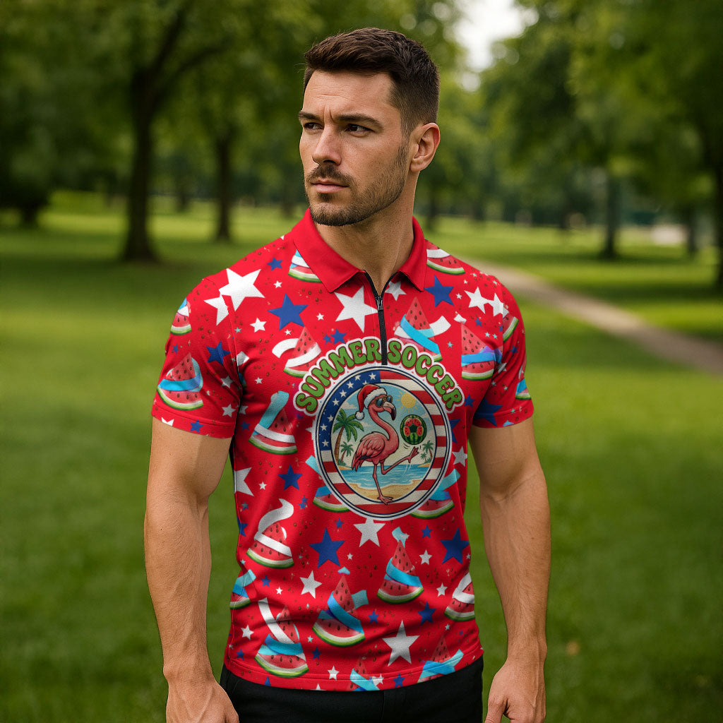 Christmas In July USA Soccer Zipper Polo Shirt Surfing Santa Flamingo Summer Watermelon