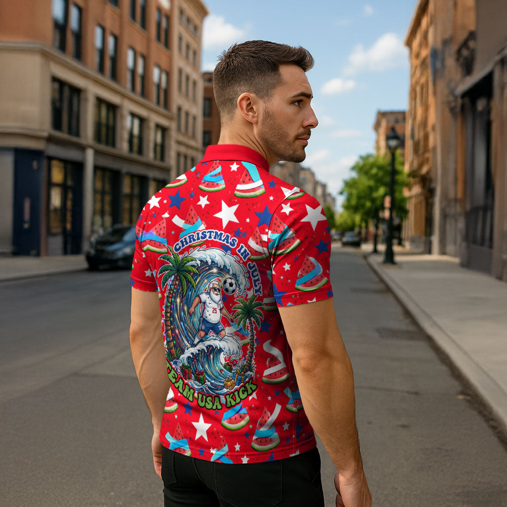 Christmas In July USA Soccer Zipper Polo Shirt Surfing Santa Flamingo Summer Watermelon