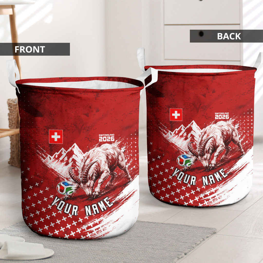 Personalized Switzerland Ibex Soccer 2026 Laundry Basket Grunge Swiss Football Cross Mountain