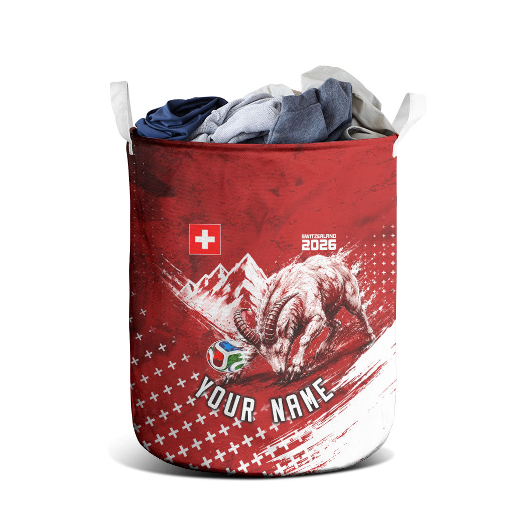Personalized Switzerland Ibex Soccer 2026 Laundry Basket Grunge Swiss Football Cross Mountain