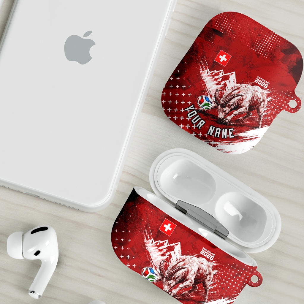 Personalized Switzerland Ibex Soccer 2026 AirPods Case Grunge Swiss Football Cross Mountain