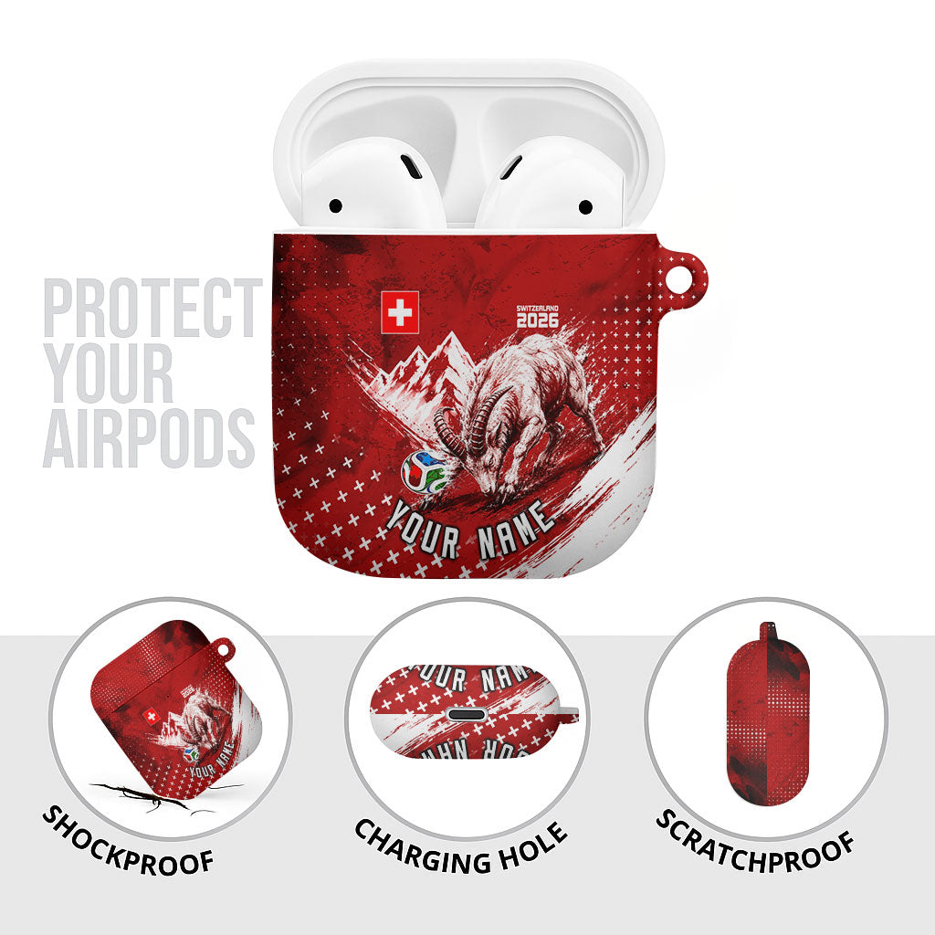Personalized Switzerland Ibex Soccer 2026 AirPods Case Grunge Swiss Football Cross Mountain