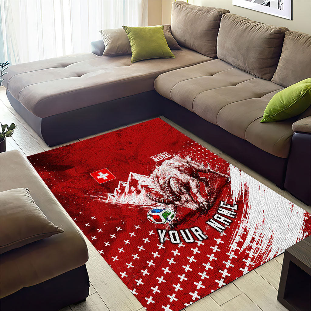 Personalized Switzerland Ibex Soccer 2026 Area Rug Grunge Swiss Football Cross Mountain