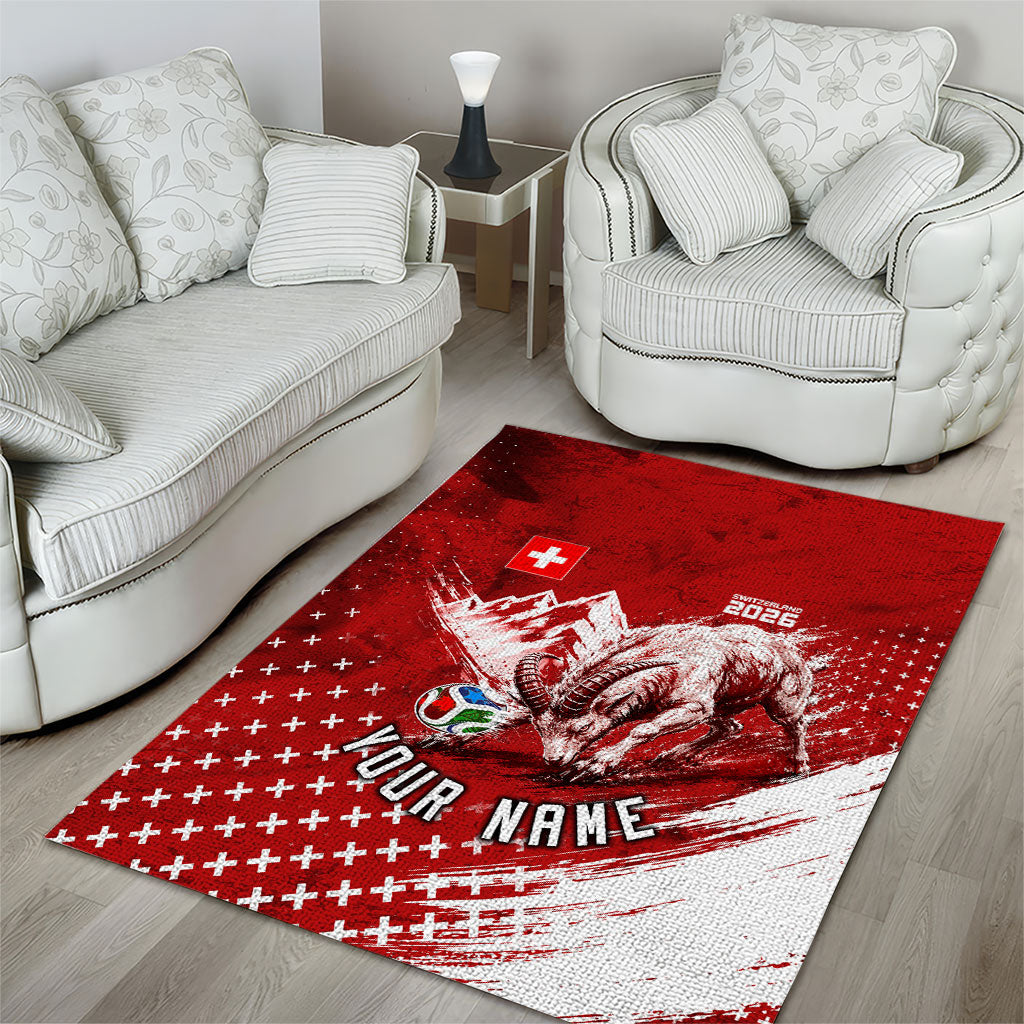 Personalized Switzerland Ibex Soccer 2026 Area Rug Grunge Swiss Football Cross Mountain