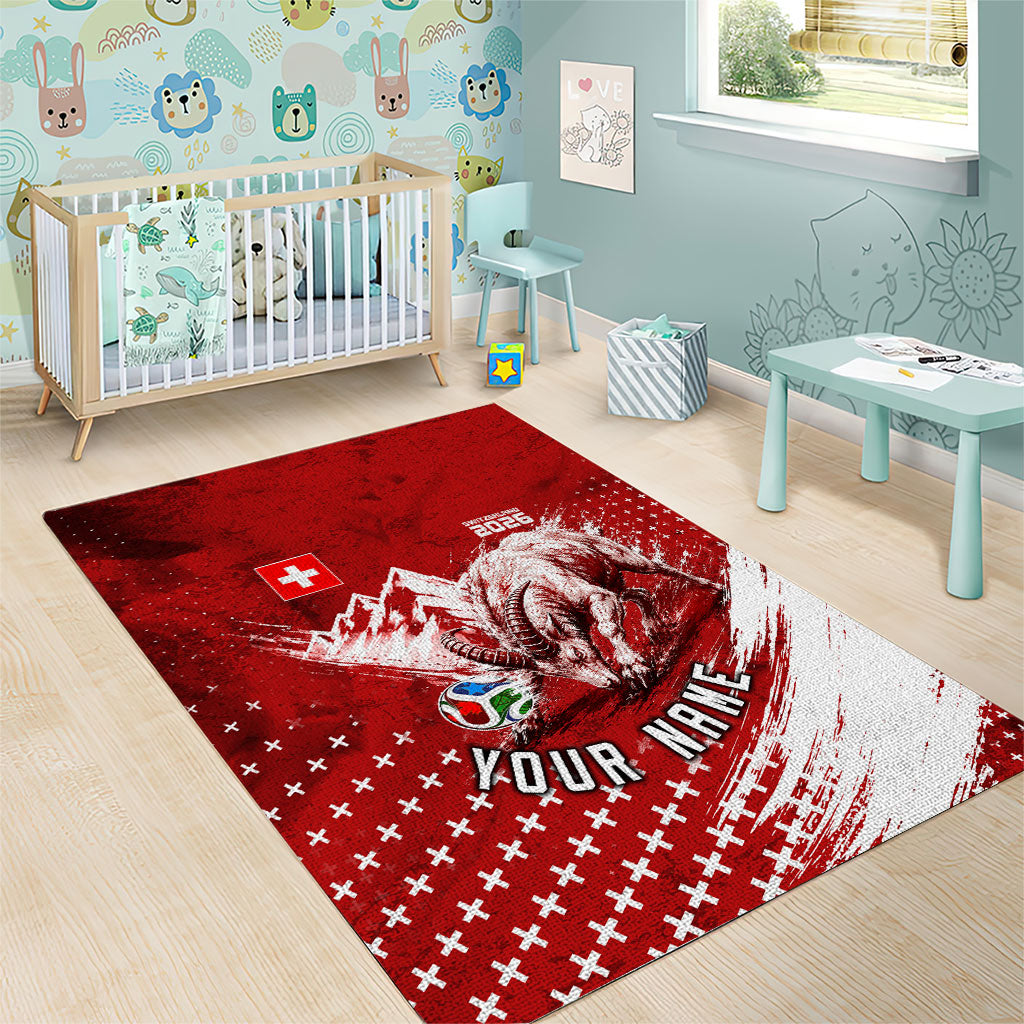 Personalized Switzerland Ibex Soccer 2026 Area Rug Grunge Swiss Football Cross Mountain