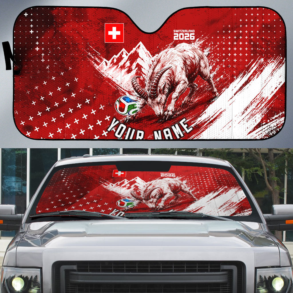 Personalized Switzerland Ibex Soccer 2026 Auto Sun Shade Grunge Swiss Football Cross Mountain