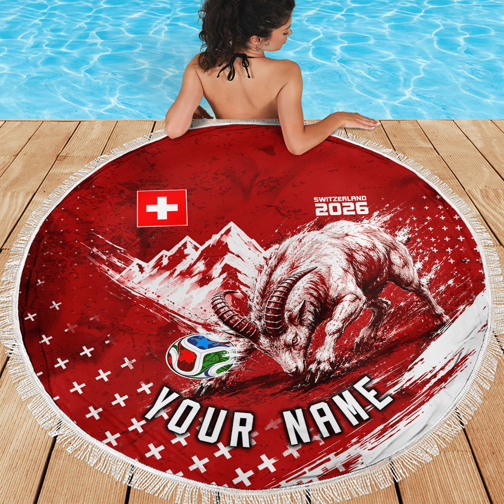 Personalized Switzerland Ibex Soccer 2026 Beach Blanket Grunge Swiss Football Cross Mountain