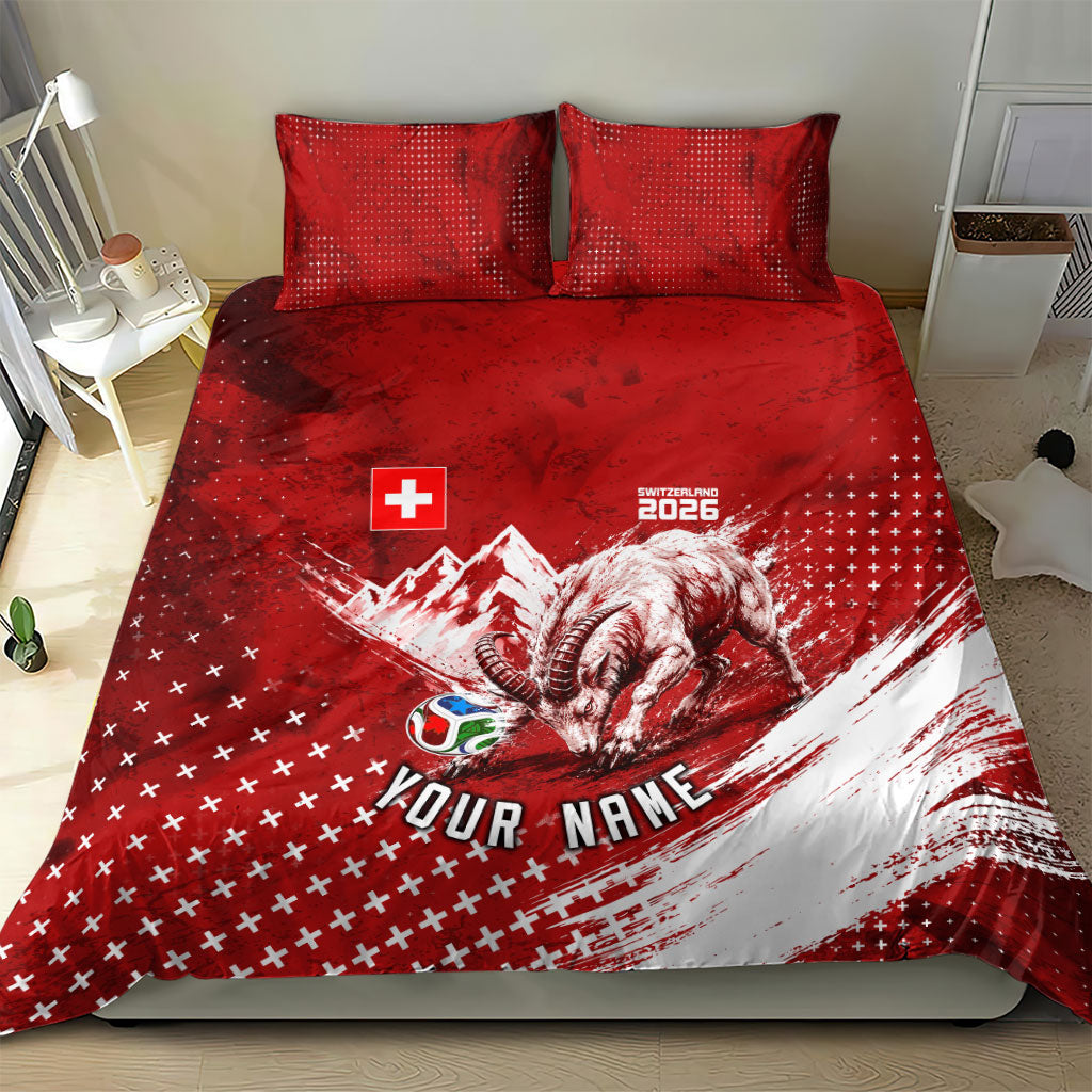 Personalized Switzerland Ibex Soccer 2026 Bedding Set Grunge Swiss Football Cross Mountain