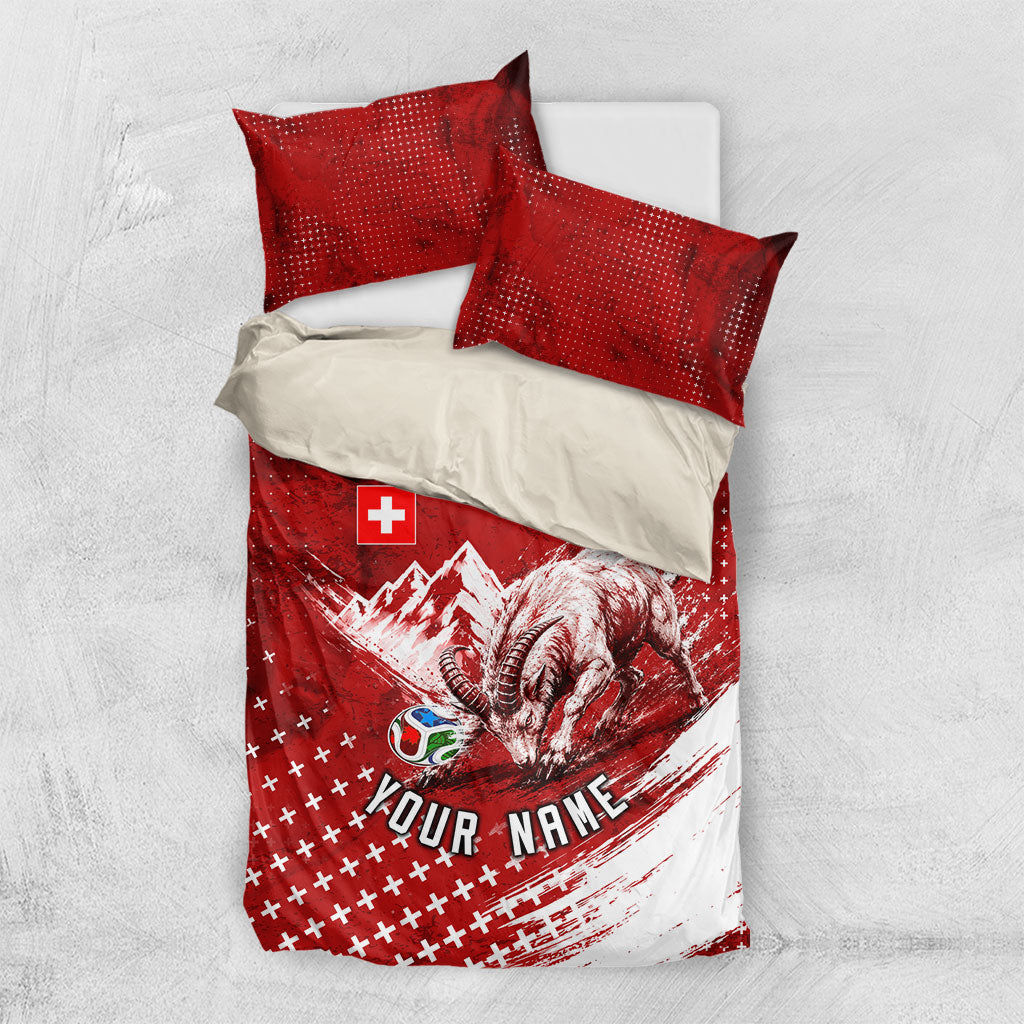 Personalized Switzerland Ibex Soccer 2026 Bedding Set Grunge Swiss Football Cross Mountain