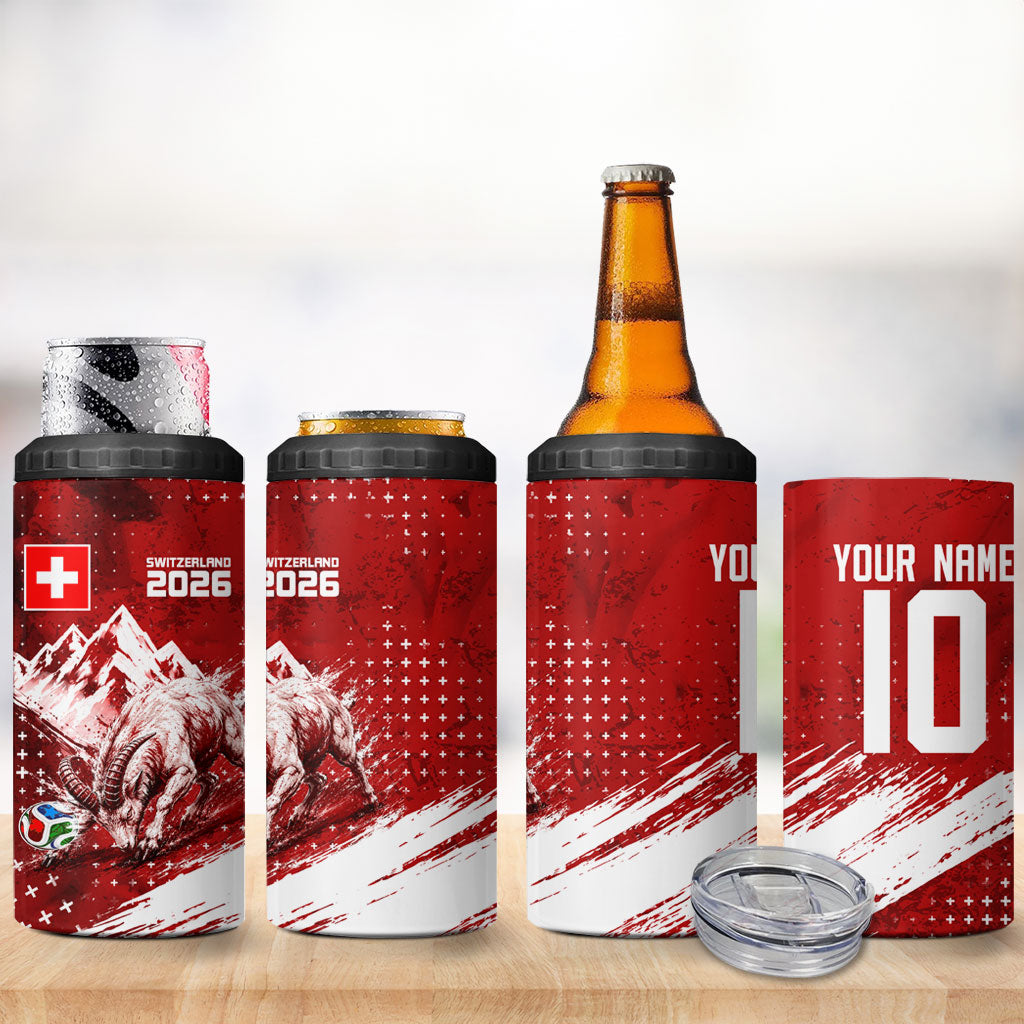 Personalized Switzerland Ibex Soccer 2026 4 in 1 Can Cooler Tumbler Grunge Swiss Football Cross Mountain