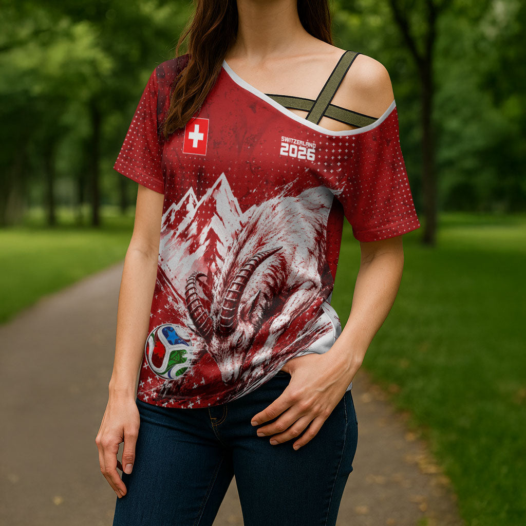 Personalized Switzerland Ibex Soccer 2026 Cross Shoulder Shirt Grunge Swiss Football Cross Mountain