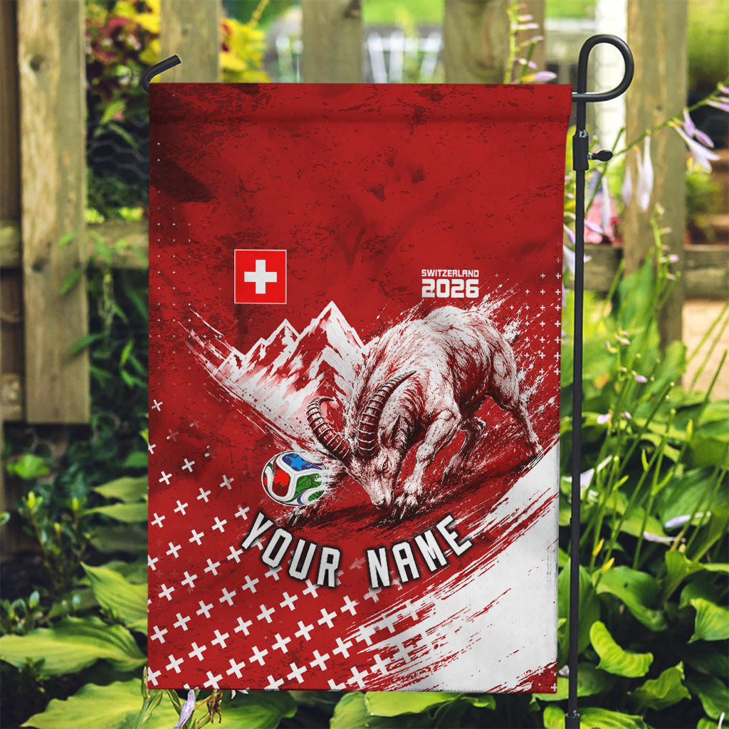 Personalized Switzerland Ibex Soccer 2026 Garden Flag Grunge Swiss Football Cross Mountain