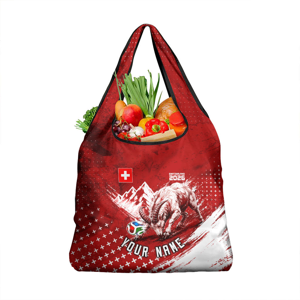 Personalized Switzerland Ibex Soccer 2026 Grocery Bag Grunge Swiss Football Cross Mountain