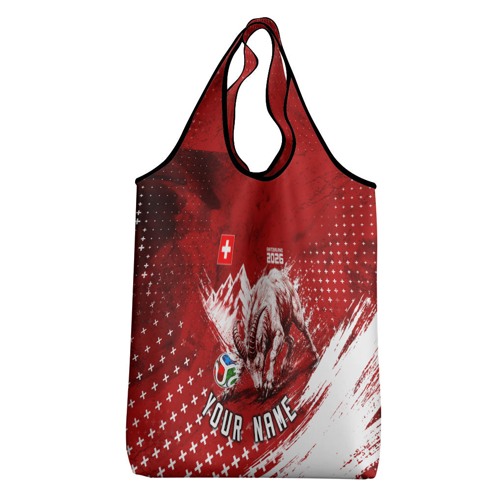 Personalized Switzerland Ibex Soccer 2026 Grocery Bag Grunge Swiss Football Cross Mountain