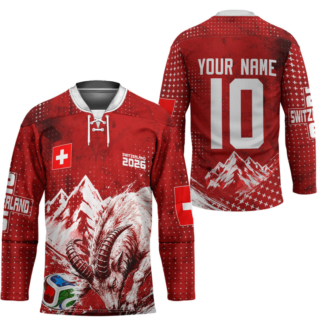 Personalized Switzerland Ibex Soccer 2026 Hockey Jersey Grunge Swiss Football Cross Mountain