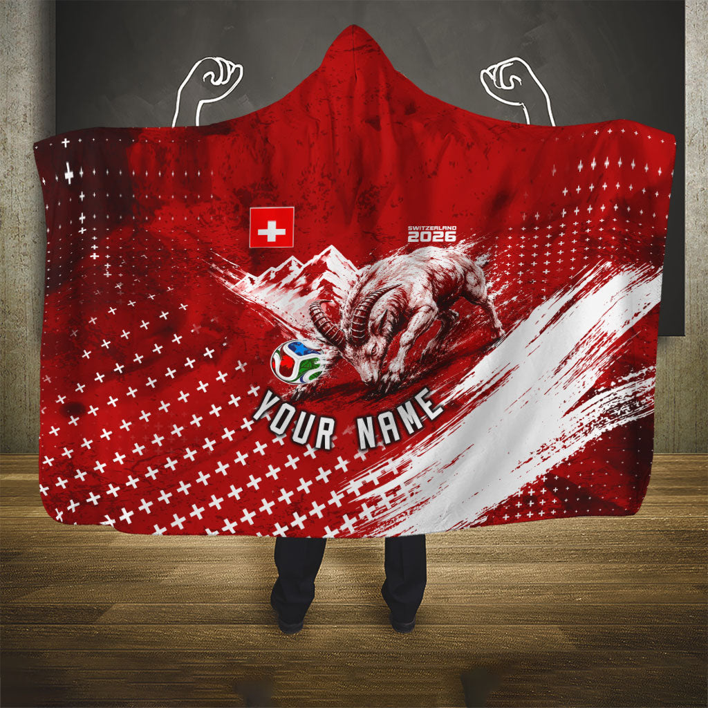 Personalized Switzerland Ibex Soccer 2026 Hooded Blanket Grunge Swiss Football Cross Mountain