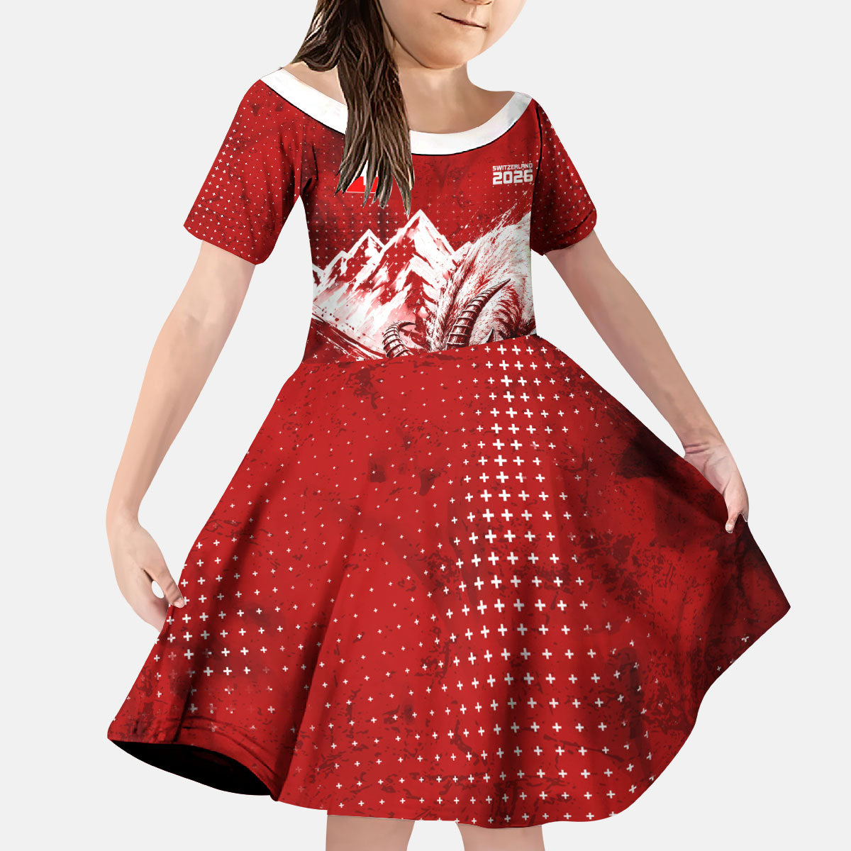 Personalized Switzerland Ibex Soccer 2026 Kid Short Sleeve Dress Grunge Swiss Football Cross Mountain
