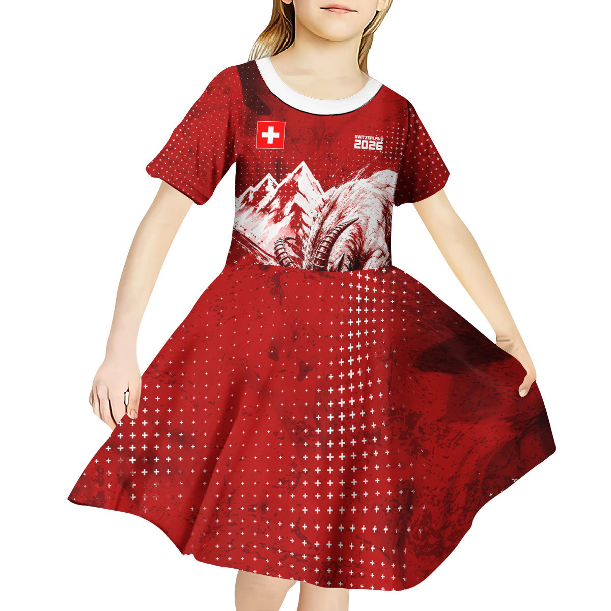 Personalized Switzerland Ibex Soccer 2026 Kid Short Sleeve Dress Grunge Swiss Football Cross Mountain