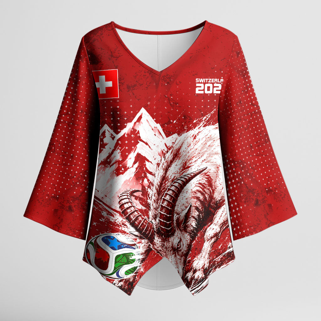 Personalized Switzerland Ibex Soccer 2026 Kimono Sleeve Blouse Grunge Swiss Football Cross Mountain