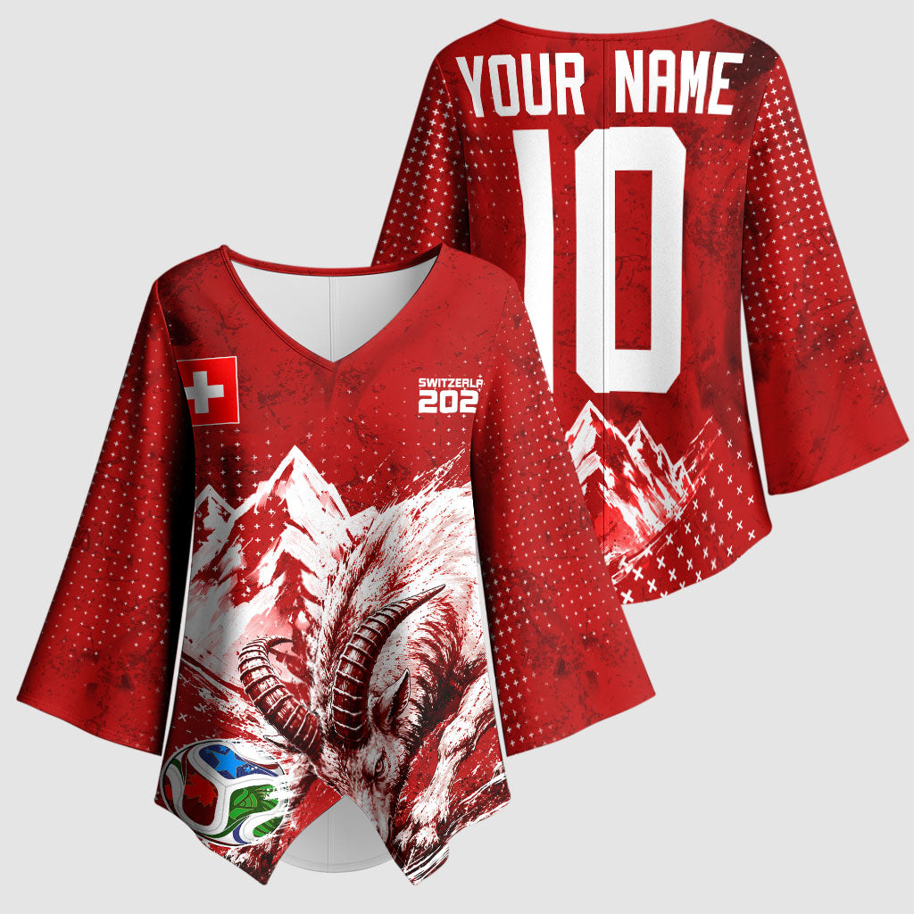 Personalized Switzerland Ibex Soccer 2026 Kimono Sleeve Blouse Grunge Swiss Football Cross Mountain