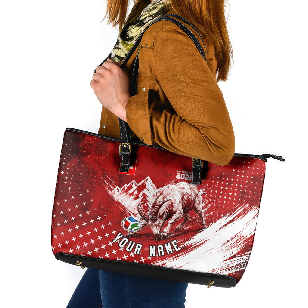 Personalized Switzerland Ibex Soccer 2026 Leather Tote Bag Grunge Swiss Football Cross Mountain