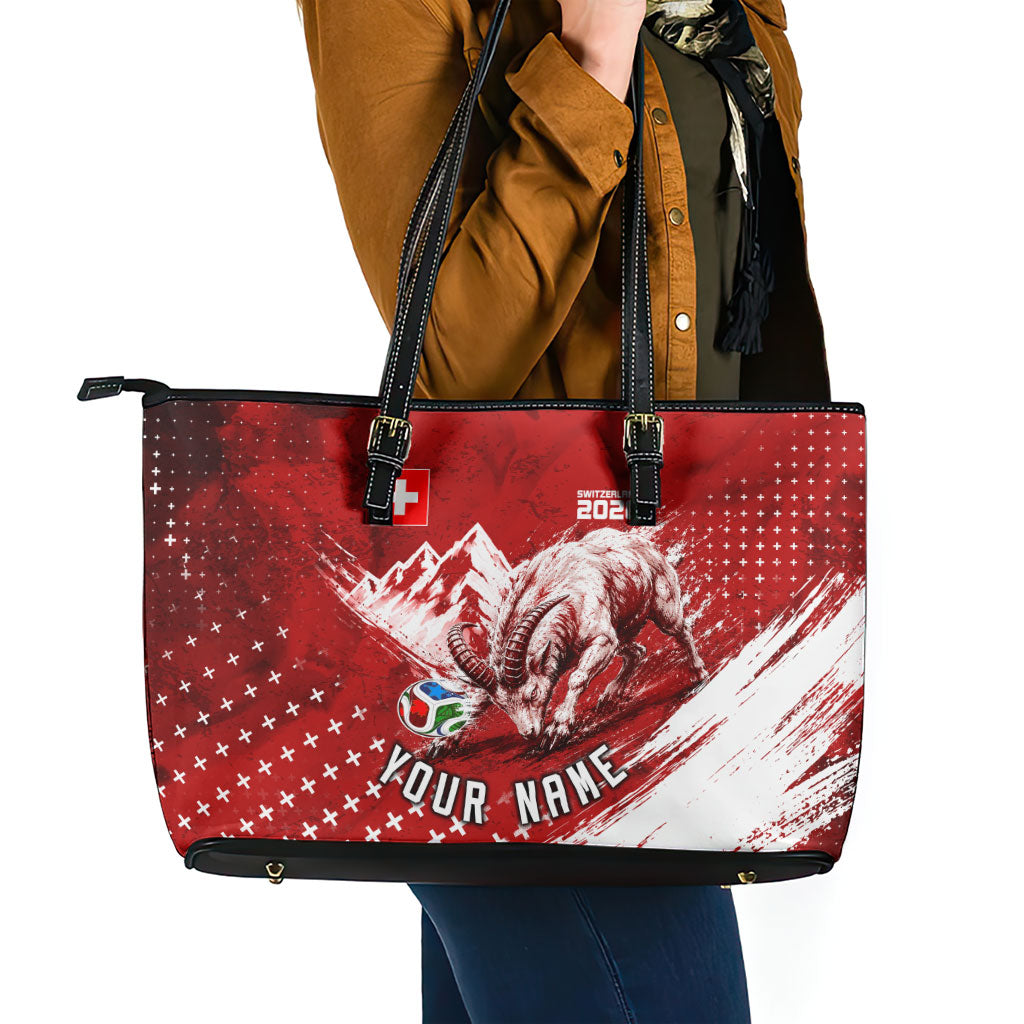 Personalized Switzerland Ibex Soccer 2026 Leather Tote Bag Grunge Swiss Football Cross Mountain