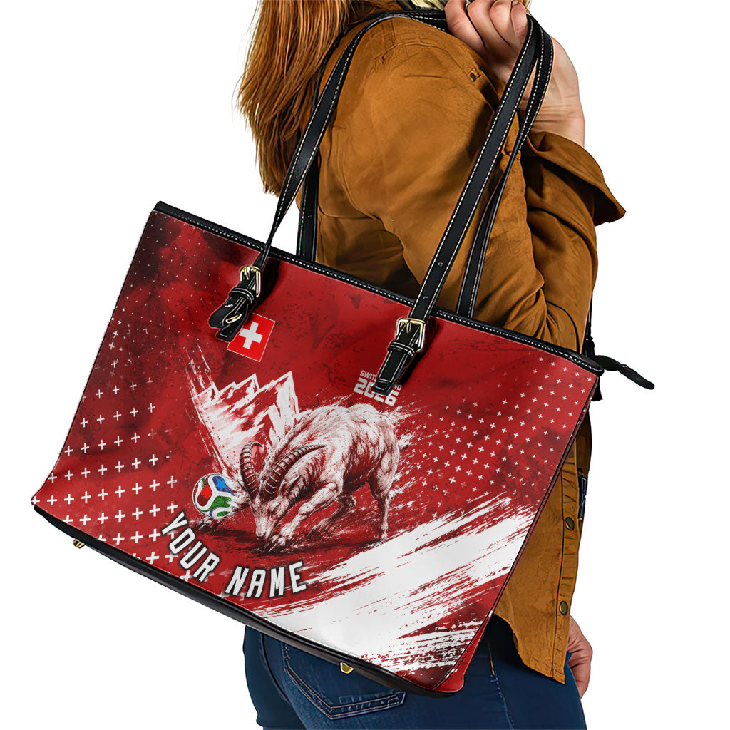 Personalized Switzerland Ibex Soccer 2026 Leather Tote Bag Grunge Swiss Football Cross Mountain