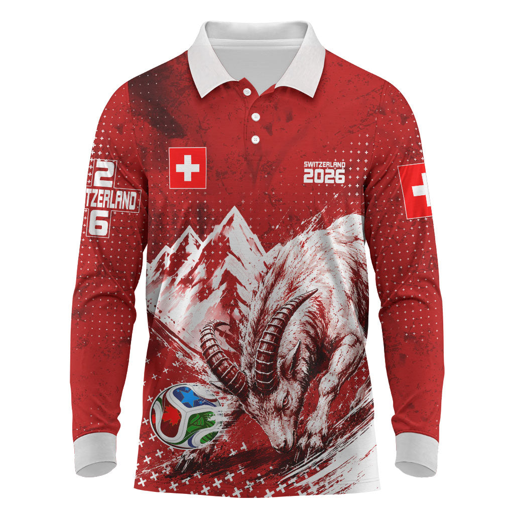 Personalized Switzerland Ibex Soccer 2026 Long Sleeve Polo Shirt Grunge Swiss Football Cross Mountain
