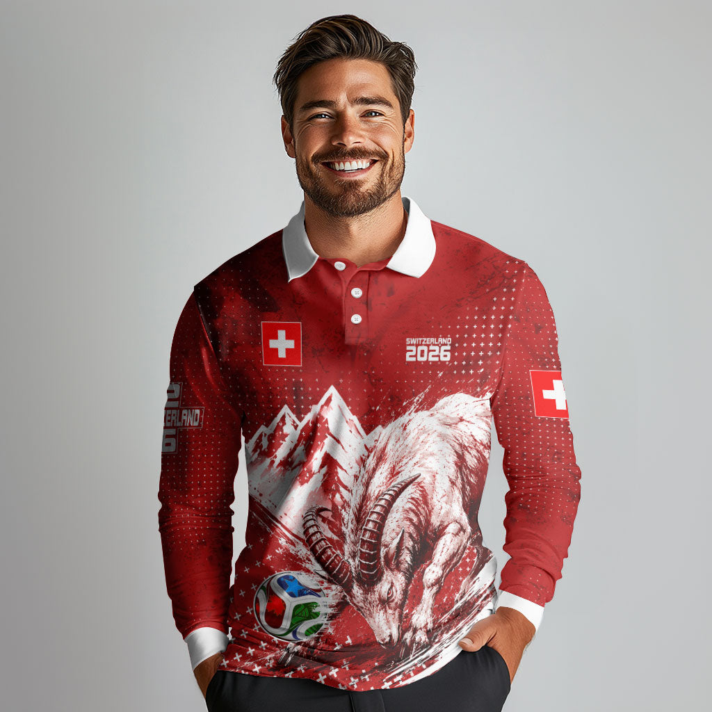 Personalized Switzerland Ibex Soccer 2026 Long Sleeve Polo Shirt Grunge Swiss Football Cross Mountain