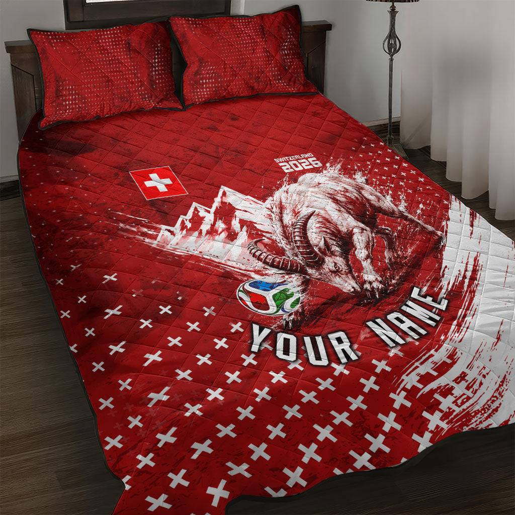 Personalized Switzerland Ibex Soccer 2026 Quilt Bed Set Grunge Swiss Football Cross Mountain