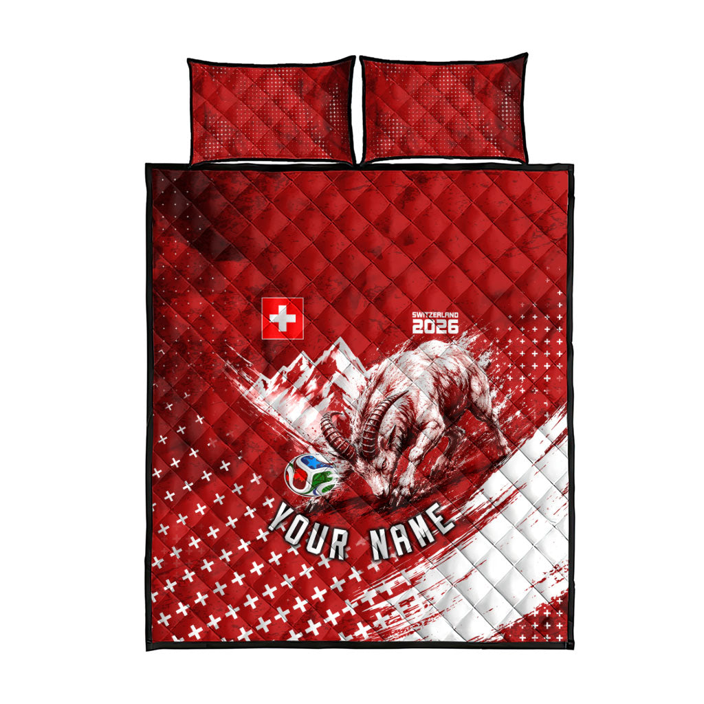Personalized Switzerland Ibex Soccer 2026 Quilt Bed Set Grunge Swiss Football Cross Mountain