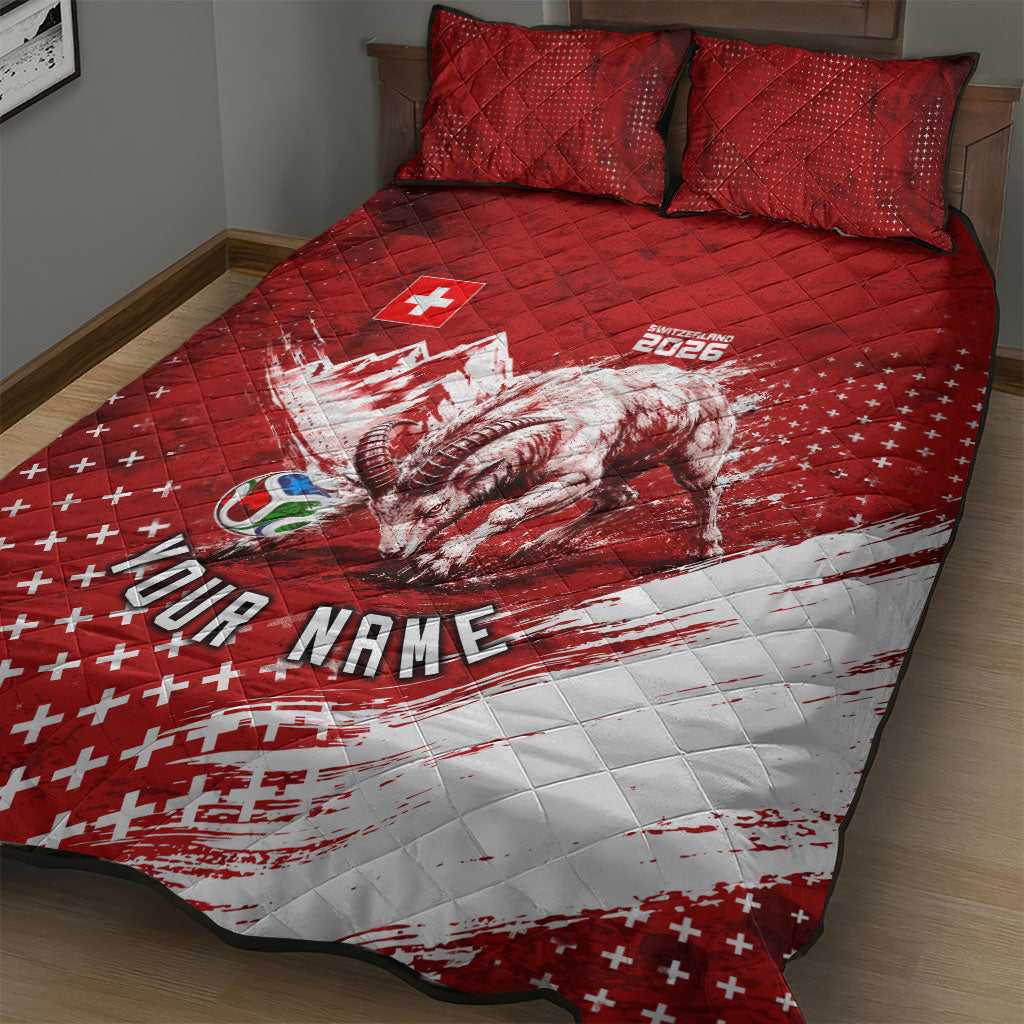 Personalized Switzerland Ibex Soccer 2026 Quilt Bed Set Grunge Swiss Football Cross Mountain