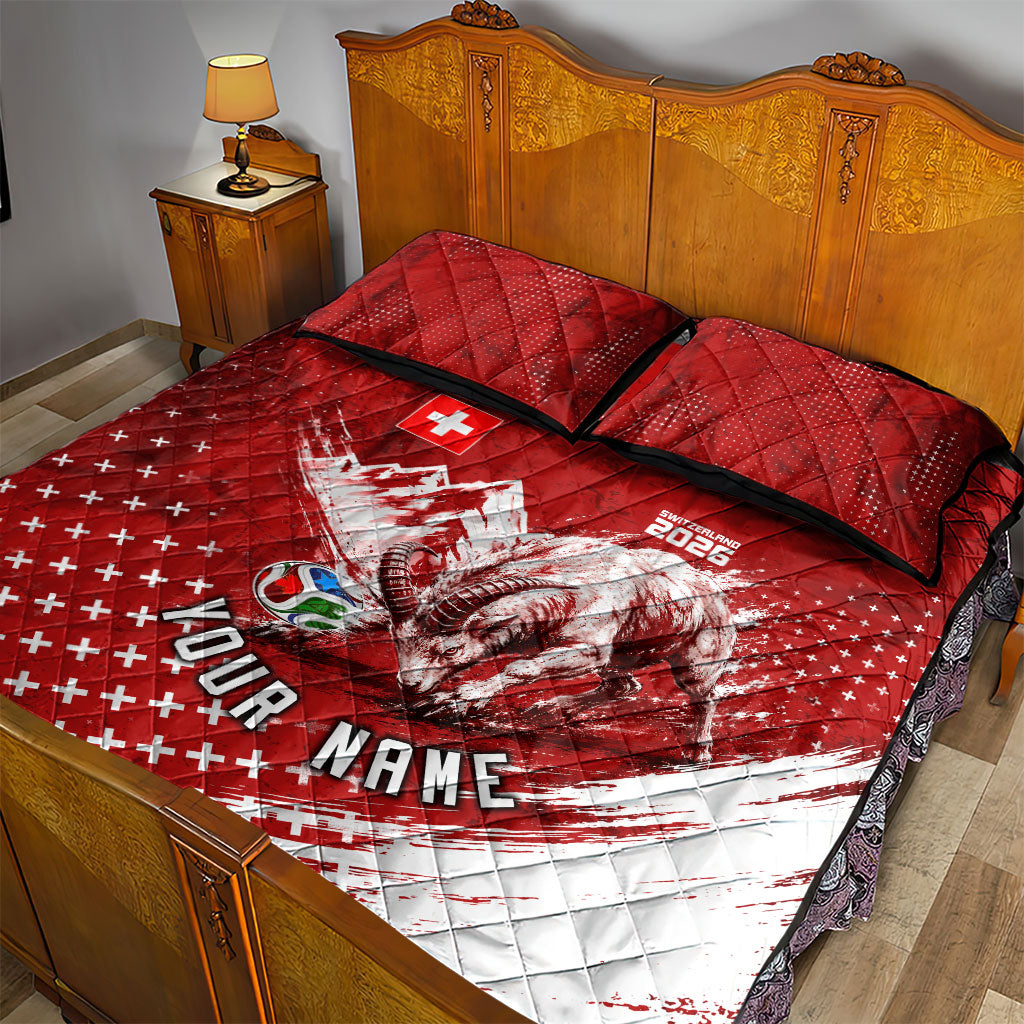 Personalized Switzerland Ibex Soccer 2026 Quilt Bed Set Grunge Swiss Football Cross Mountain