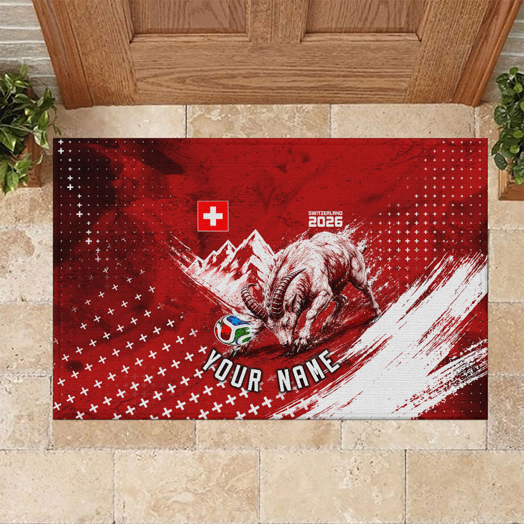 Personalized Switzerland Ibex Soccer 2026 Rubber Doormat Grunge Swiss Football Cross Mountain