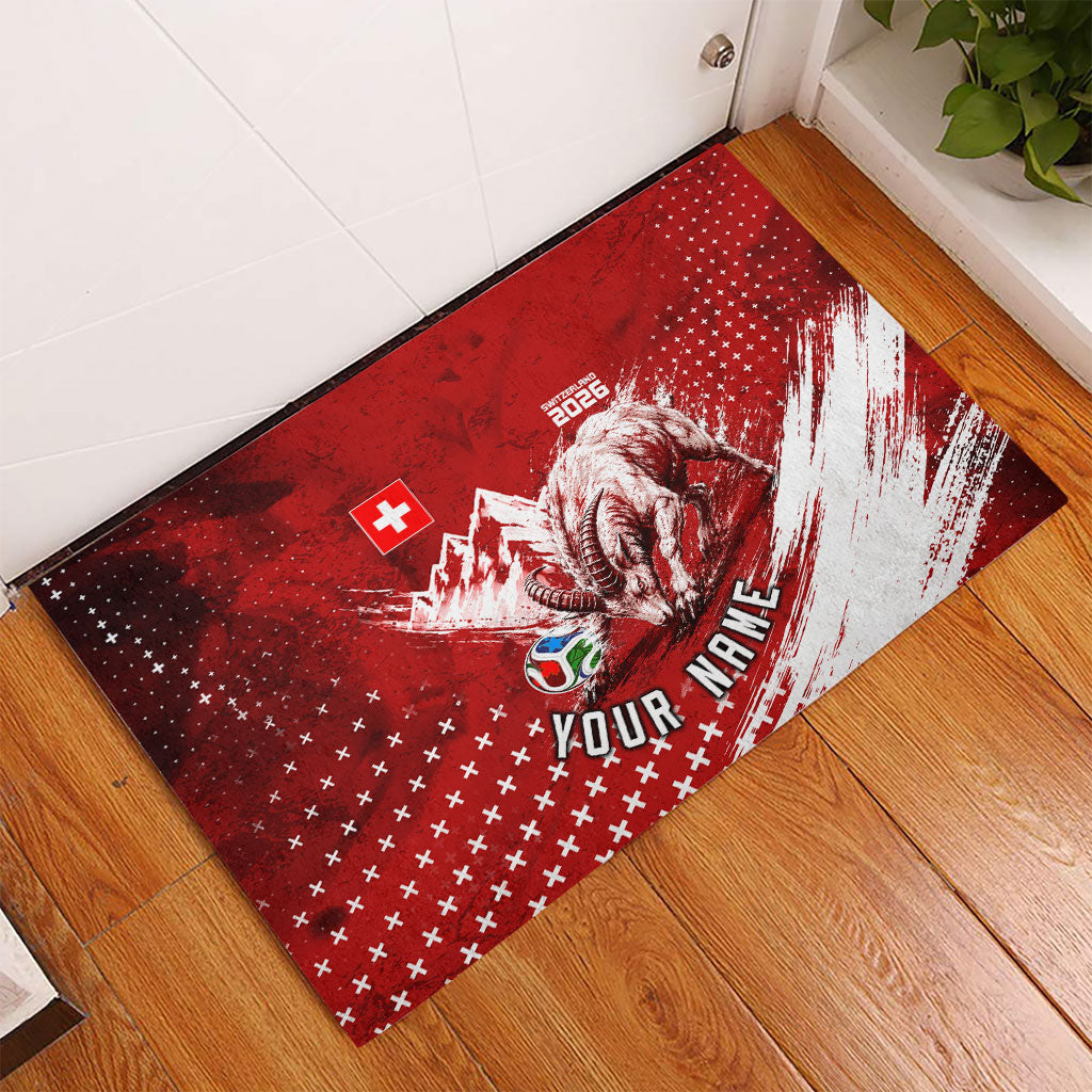 Personalized Switzerland Ibex Soccer 2026 Rubber Doormat Grunge Swiss Football Cross Mountain