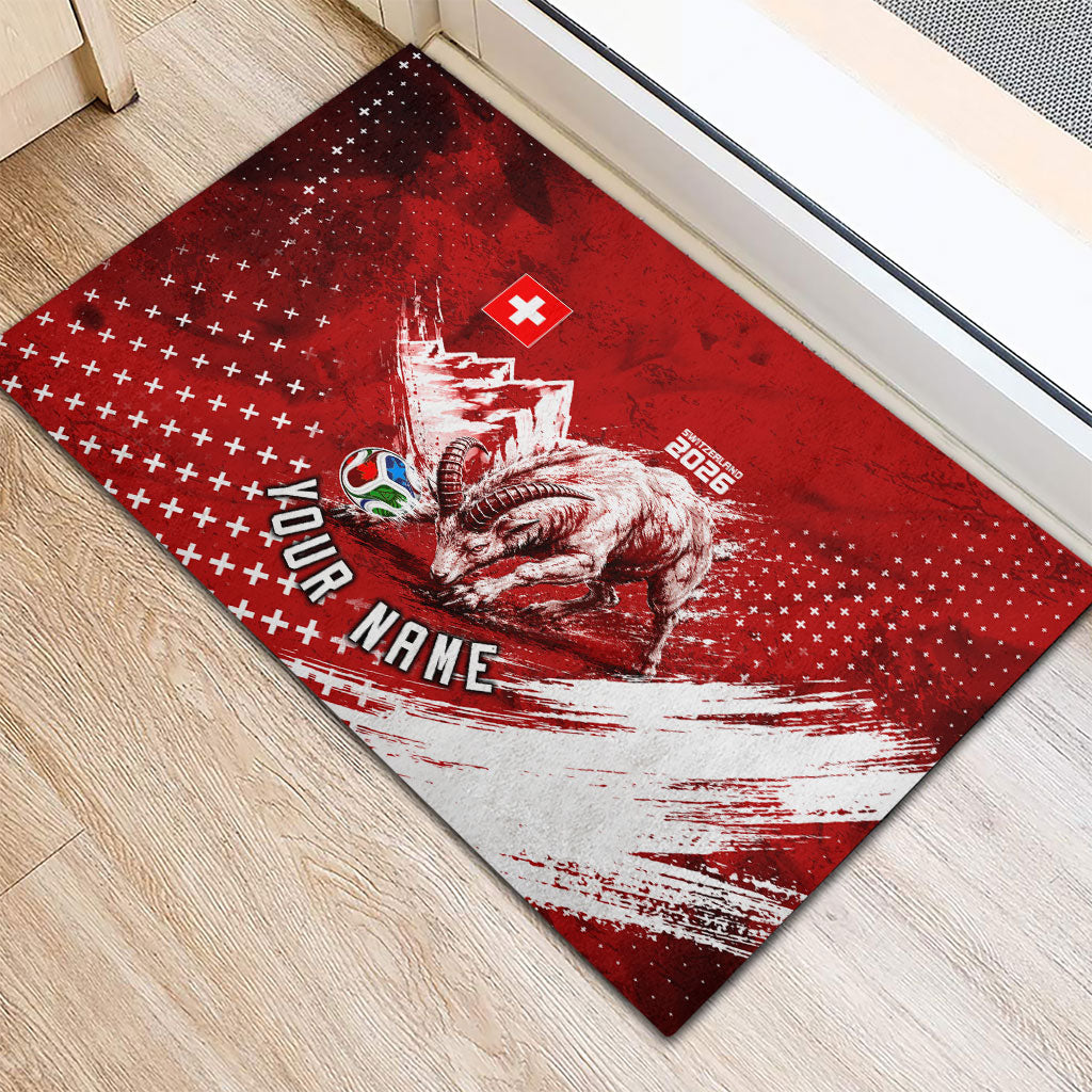 Personalized Switzerland Ibex Soccer 2026 Rubber Doormat Grunge Swiss Football Cross Mountain