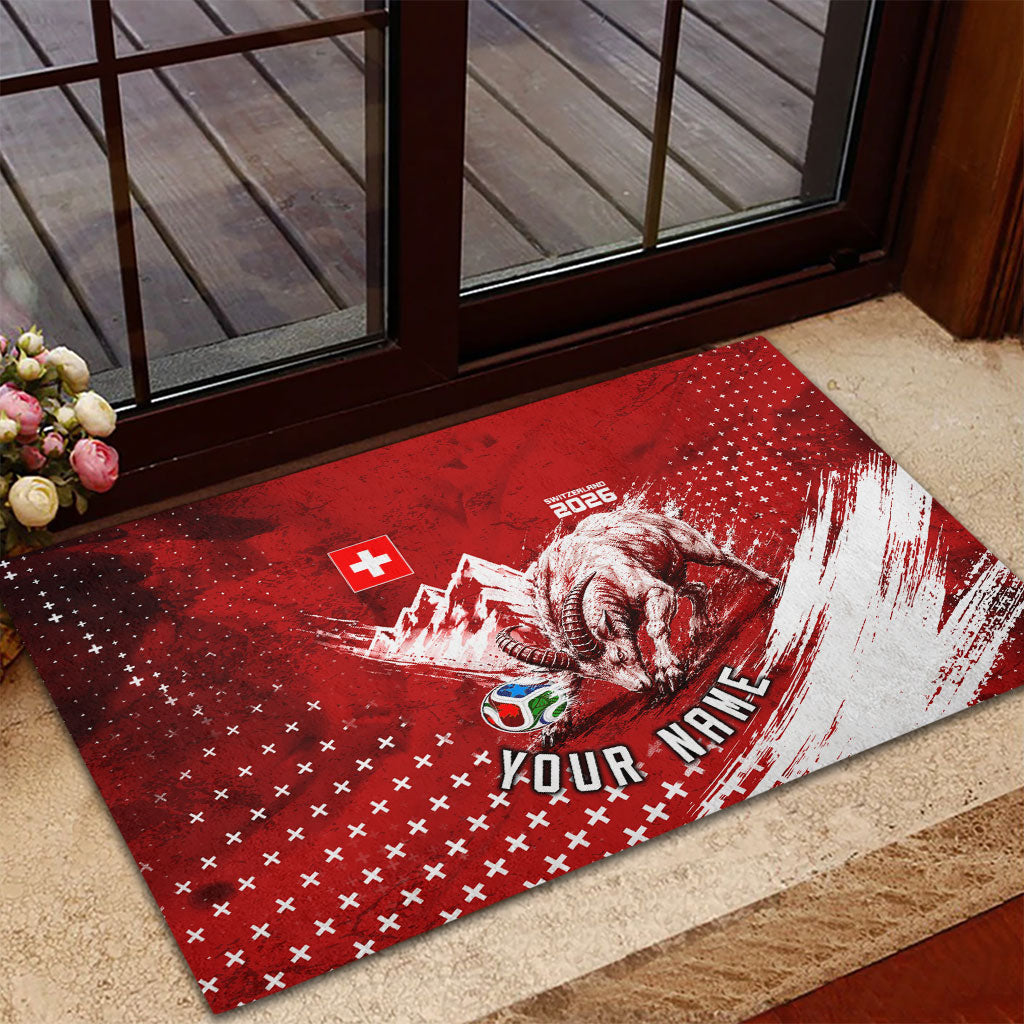 Personalized Switzerland Ibex Soccer 2026 Rubber Doormat Grunge Swiss Football Cross Mountain