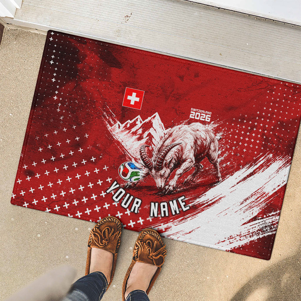 Personalized Switzerland Ibex Soccer 2026 Rubber Doormat Grunge Swiss Football Cross Mountain