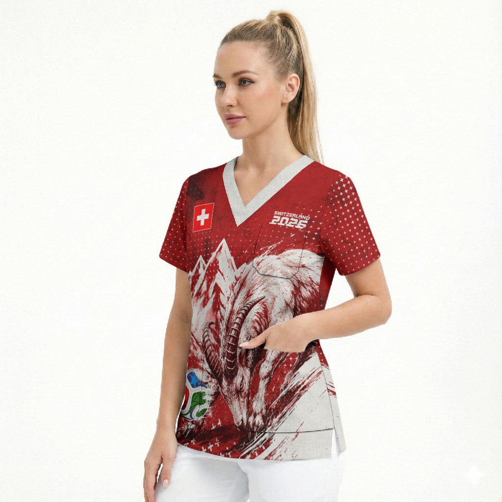Personalized Switzerland Ibex Soccer 2026 Scrub Top Grunge Swiss Football Cross Mountain