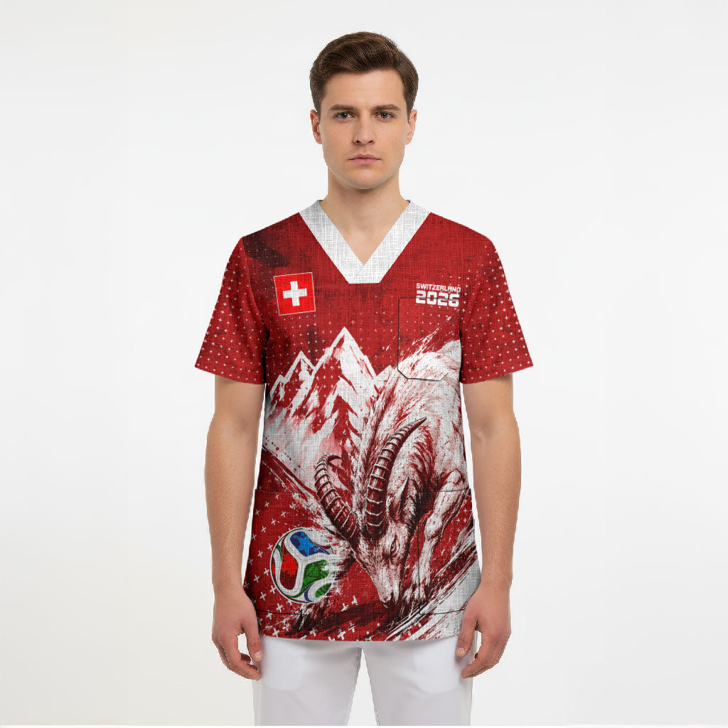 Personalized Switzerland Ibex Soccer 2026 Scrub Top Grunge Swiss Football Cross Mountain