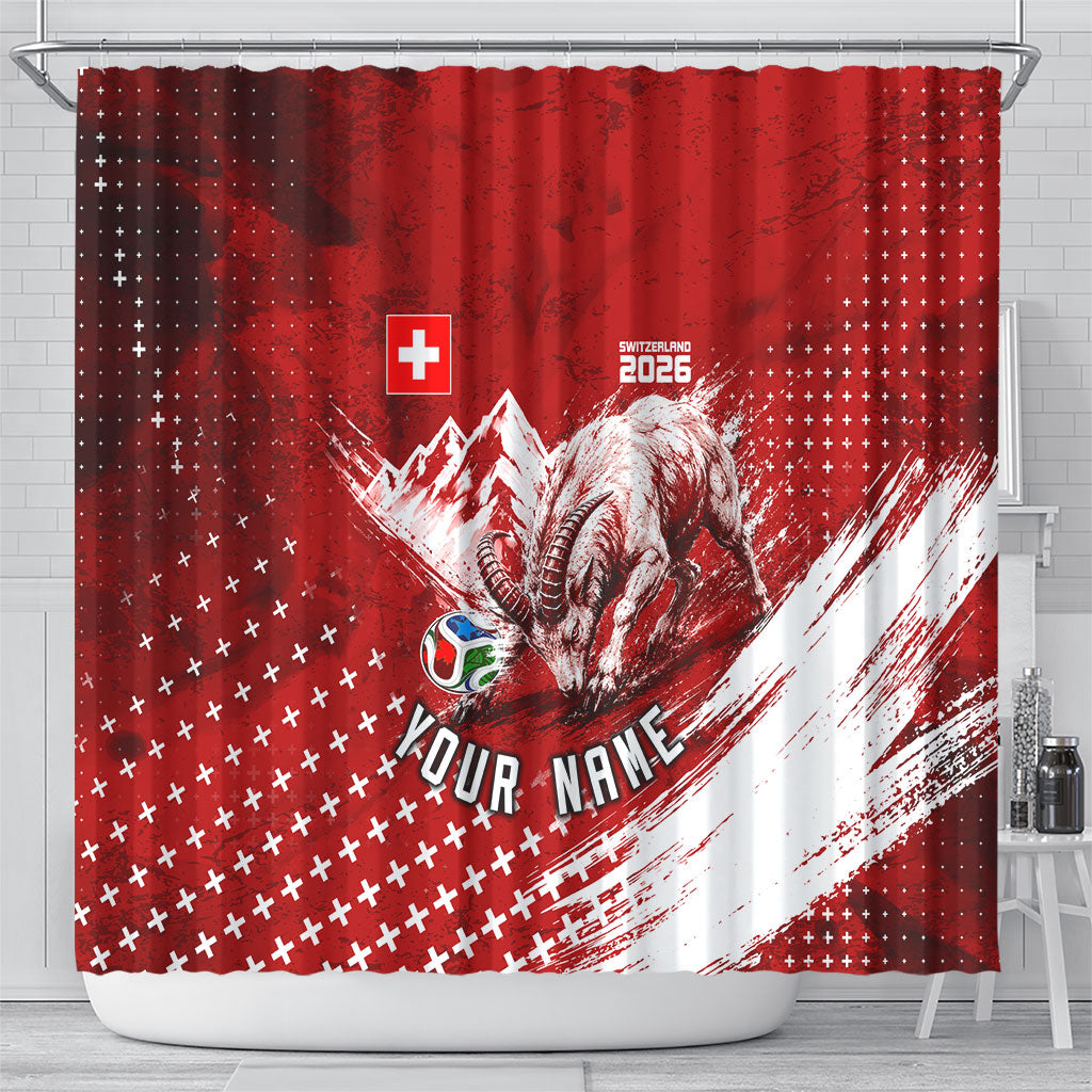 Personalized Switzerland Ibex Soccer 2026 Shower Curtain Grunge Swiss Football Cross Mountain