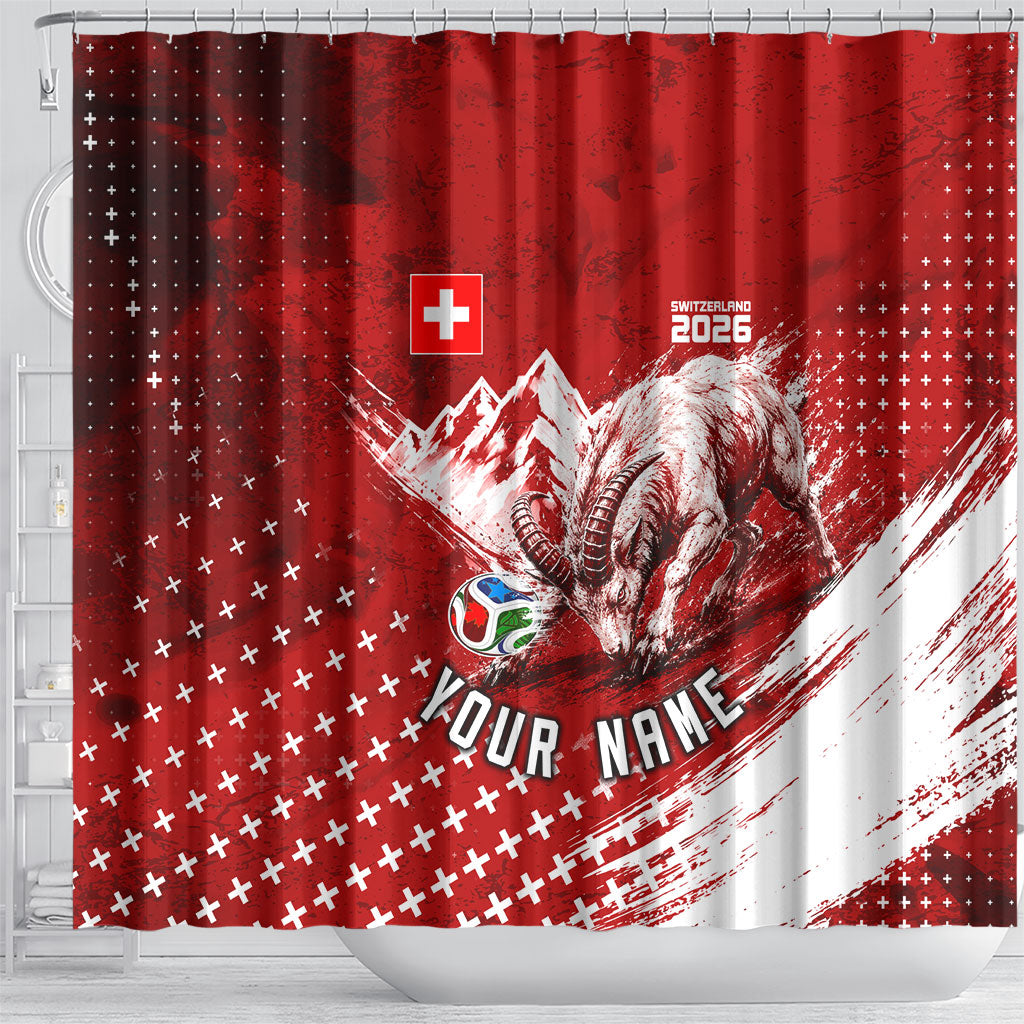 Personalized Switzerland Ibex Soccer 2026 Shower Curtain Grunge Swiss Football Cross Mountain