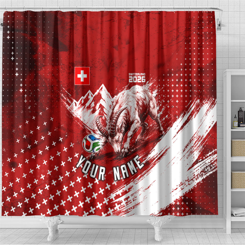 Personalized Switzerland Ibex Soccer 2026 Shower Curtain Grunge Swiss Football Cross Mountain