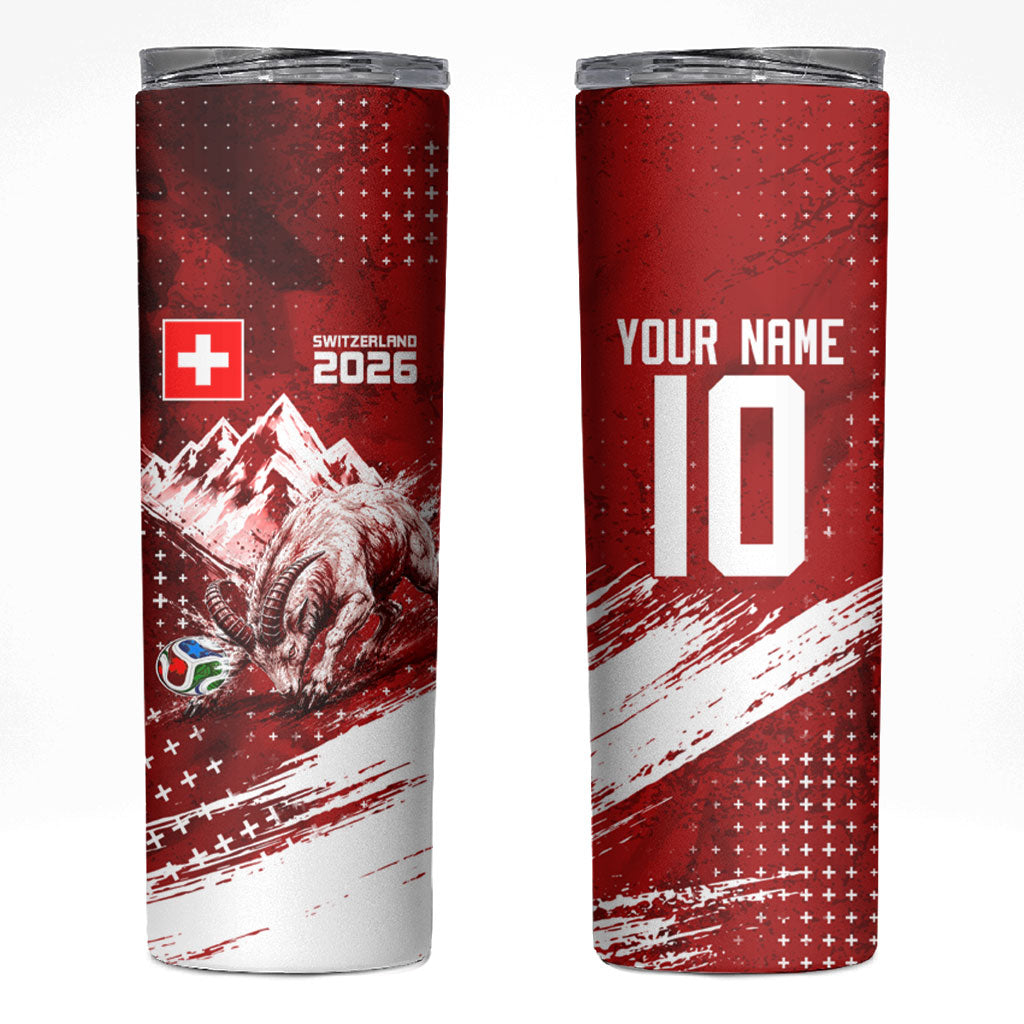 Personalized Switzerland Ibex Soccer 2026 Skinny Tumbler Grunge Swiss Football Cross Mountain