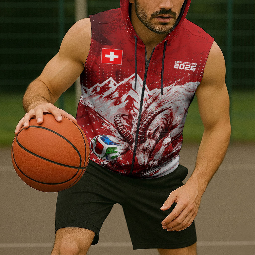 Personalized Switzerland Ibex Soccer 2026 Sleeveless Zip Hoodie Grunge Swiss Football Cross Mountain