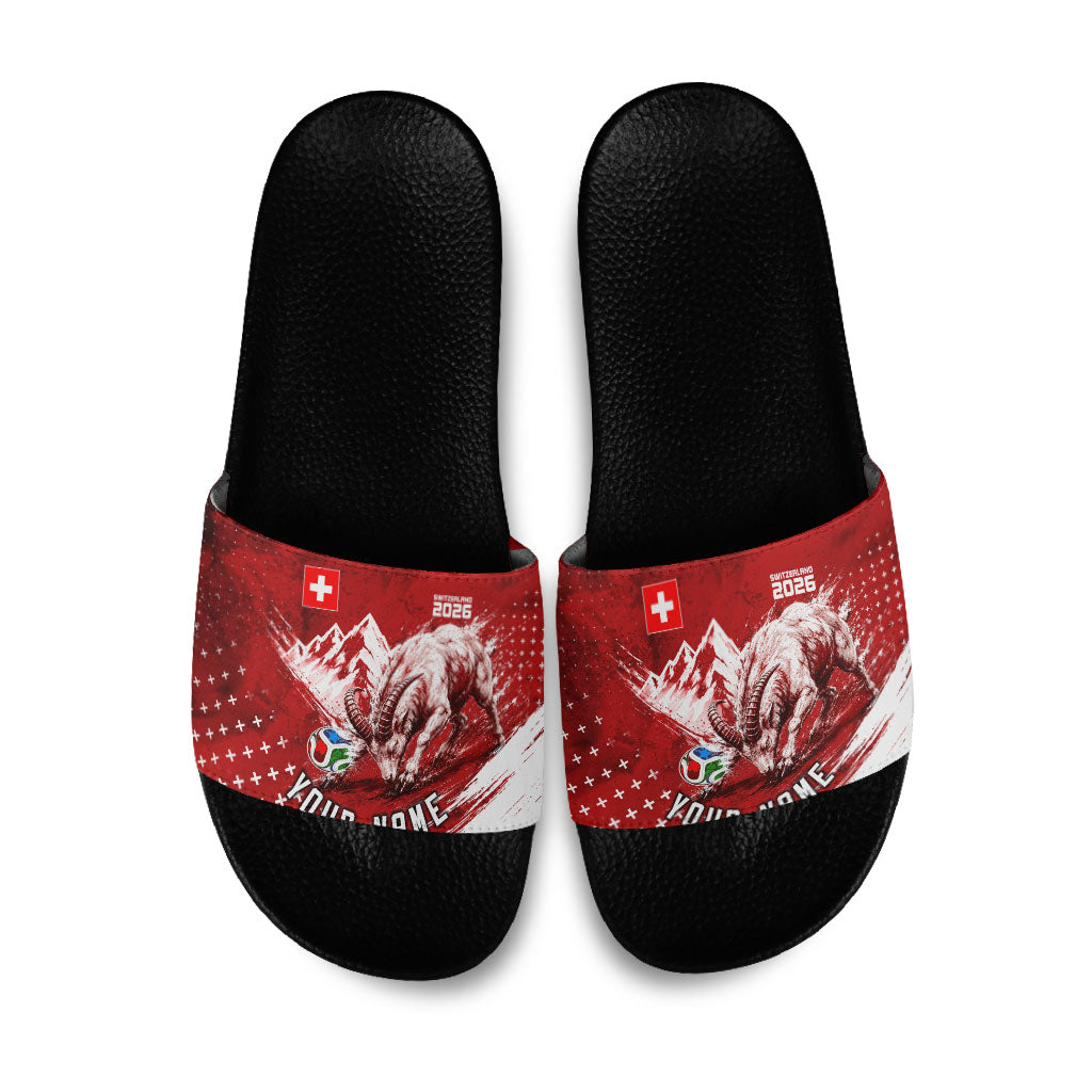 Personalized Switzerland Ibex Soccer 2026 Slide Sandals Grunge Swiss Football Cross Mountain