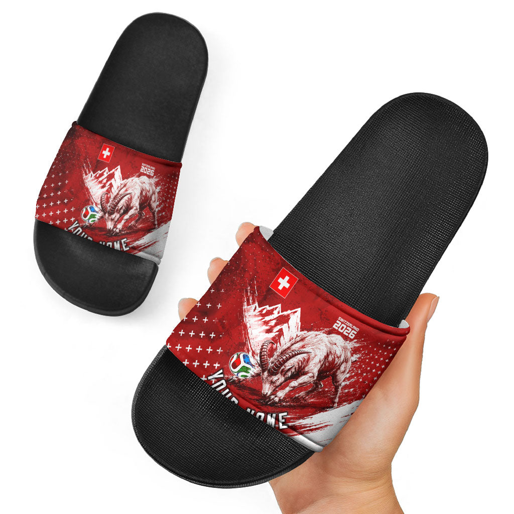 Personalized Switzerland Ibex Soccer 2026 Slide Sandals Grunge Swiss Football Cross Mountain