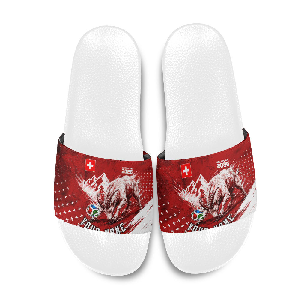 Personalized Switzerland Ibex Soccer 2026 Slide Sandals Grunge Swiss Football Cross Mountain