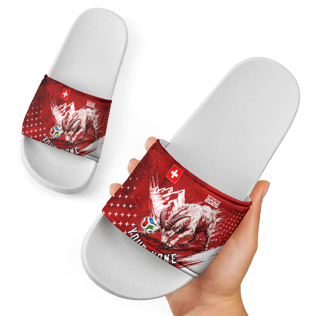Personalized Switzerland Ibex Soccer 2026 Slide Sandals Grunge Swiss Football Cross Mountain